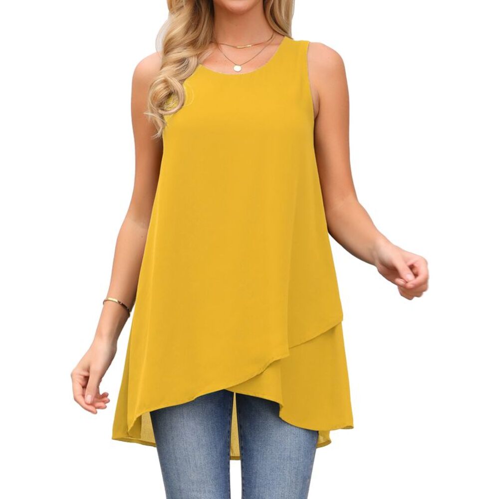 Women's High Low Top Sleeveless Chiffon Blouse Crewneck Summer Tops Yellow